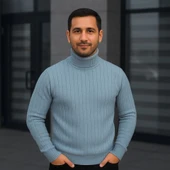 Erkek Balıkcı Yaka Bağazlı Triko Kazak Pamuklu Kalın Fitilli Dokuma, Regular Fit Uzun Kollu Kışlık Model - Bebe Mavisi thumbnail 1