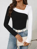 Lucky Life Kadın Uzun Kollu Geometrik Yaka Detaylı çift Renkli Viskon Bluz thumbnail 2