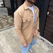 Erkek Diagonal Kumaş Cepli Çıtçıtlı Uzun Kollu, Gömlek Oversize Rahat Kalıp Günlük Şık Stil - Bej thumbnail 4
