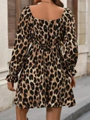 Lucky Life Kadın Uzun Kollu Kare Yakalı Leopar Modal Mini Elbise thumbnail 9
