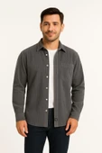 Erkek Fitilli Kadife Cepli Gömlek Oversize Rahat Kalıp - Füme thumbnail 1