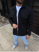 Erkek Diagonal Kumaş Cepli Çıtçıtlı Uzun Kollu, Gömlek Oversize Rahat Kalıp Günlük Şık Stil - Siyah thumbnail 4