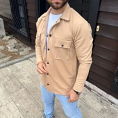 Erkek Diagonal Kumaş Cepli Çıtçıtlı Uzun Kollu, Gömlek Oversize Rahat Kalıp Günlük Şık Stil - Bej thumbnail 3