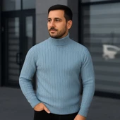 Erkek Balıkcı Yaka Bağazlı Triko Kazak Pamuklu Kalın Fitilli Dokuma, Regular Fit Uzun Kollu Kışlık Model - Bebe Mavisi thumbnail 3