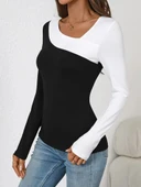 Lucky Life Kadın Uzun Kollu Geometrik Yaka Detaylı çift Renkli Viskon Bluz thumbnail 3