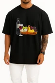 Oversize Şişe Wine Ve Meyve Tabağı Göğüs Tasarımlı Unisex T-Shirt thumbnail 9