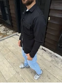 Erkek Diagonal Kumaş Cepli Çıtçıtlı Uzun Kollu, Gömlek Oversize Rahat Kalıp Günlük Şık Stil - Siyah thumbnail 3