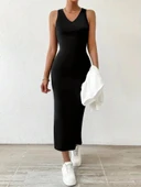 Kadın Askılı Yuvarlak Yaka Viskon Iki Iplik Elbise Ve V Yakalı Bluz Ikili Takım thumbnail 3