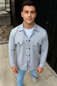 Erkek Diagonal Kumaş Cepli Çıtçıtlı Uzun Kollu, Gömlek Oversize Rahat Kalıp Günlük Şık Stil - Gri thumbnail 1