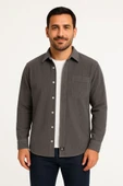 Erkek Fitilli Kadife Cepli Gömlek Oversize Rahat Kalıp - Füme thumbnail 2
