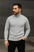 Erkek Balıkcı Yaka Bağazlı Triko Kazak Pamuklu Kalın Fitilli Dokuma, Regular Fit Uzun Kollu Kışlık Model - Gri thumbnail 4
