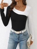 Lucky Life Kadın Uzun Kollu Geometrik Yaka Detaylı çift Renkli Viskon Bluz thumbnail 1