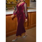 Lucky Life Kadın Uzun Kollu Kruvaze Yakalı Belden Kuşaklı Tül Detaylı Kadife Tulum thumbnail 6