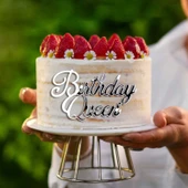 Pasta Önü Pleksi Birthday Queen Yazı Gümüş 10x6 cm thumbnail 1