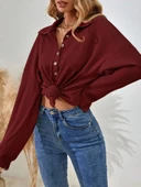 Kadın Uzun Kollu Yakalı Düğmeli Salaş Waffle Bluz thumbnail 2