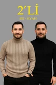 Erkek Fitilli Triko Kazak 2li Set Bej Siyah Regular Balıkcı Yaka Tam Boğazlı Triko Seti Modeli Kazak thumbnail 1