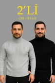 Erkek Fitilli Triko Kazak 2li Set Gri Siyah Regular Balıkcı Yaka Tam Boğazlı Triko Seti Modeli Kazak thumbnail 1