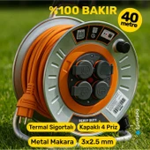 Metal Makaralı Uzatma Kablosu % 100 BAKIR 40 Metre 3x2.5 mm Termal Sigortalı Seyyar Kapaklı 4 Prizli thumbnail 2