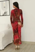 Desenli Büzgü Detaylı Premium Kadife Elbise 6063-Kırmızı thumbnail 7