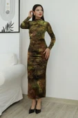 Desenli Büzgü Detaylı Premium Kadife Elbise 6063-Haki thumbnail 2