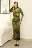 Desenli Büzgü Detaylı Premium Kadife Elbise 6063-Yeşil thumbnail 2
