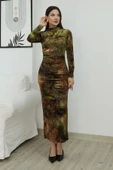 Desenli Büzgü Detaylı Premium Kadife Elbise 6063-Haki thumbnail 1