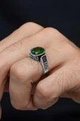 Yuvarlak Yeşil Taşlı 925 Erkek Gümüş Yüzük thumbnail 1