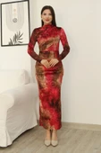 Desenli Büzgü Detaylı Premium Kadife Elbise 6063-Kırmızı thumbnail 2