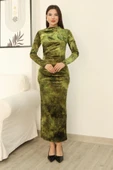Desenli Büzgü Detaylı Premium Kadife Elbise 6063-Yeşil thumbnail 1