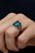 Kare Aqua Mavi Taşlı 925 Erkek Gümüş Yüzük thumbnail 3