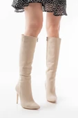 LS-226 Bej Süet Fermuarlı Lastikli İnce Yüksek Topuklu Kadın Çizme thumbnail 2