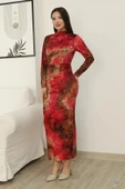 Desenli Büzgü Detaylı Premium Kadife Elbise 6063-Kırmızı thumbnail 6