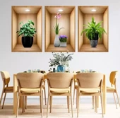 3D Çiçek Vazo Duvar Sticker 3 lü Set Kahverengi Fon (5284) thumbnail 3