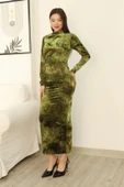 Desenli Büzgü Detaylı Premium Kadife Elbise 6063-Yeşil thumbnail 6