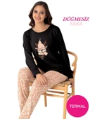 Kadın Bisiklet Yaka Düğmesiz Bilekler Lastikli/Jogger Yumuşak Termal Kışlık Pijama Takımı thumbnail 1