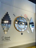 Aynalı Pleksi Duvar Saati Seti - 70 cm Saat (Ceviz Çerçeve ve Rakamlar) + 2'li 70x30 cm Gümüş Tablo thumbnail 2