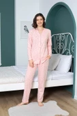 Kadın V Yaka Önden Düğmeli %100 Pamuk Uzun Kol Cepli Pijama Takımı thumbnail 6
