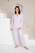 Kadın V Yaka Önden Düğmeli %100 Pamuk Uzun Kol Cepli Pijama Takımı thumbnail 4