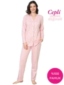 Kadın V Yaka Önden Düğmeli %100 Pamuk Uzun Kol Cepli Pijama Takımı thumbnail 10