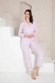 Kadın V Yaka Önden Düğmeli %100 Pamuk Uzun Kol Cepli Pijama Takımı thumbnail 5