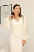 İşlemeli Omuz Detaylı Balon Kollu Kruvaze Yaka Midi Elbise 2326-Beyaz thumbnail 6
