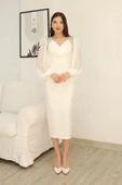 İşlemeli Omuz Detaylı Balon Kollu Kruvaze Yaka Midi Elbise 2326-Beyaz thumbnail 2