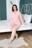 Kadın V Yaka Önden Düğmeli %100 Pamuk Uzun Kol Cepli Pijama Takımı thumbnail 7