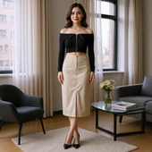 BİÇOMİ Yırtmaçlı uzun deri etek bej thumbnail 1