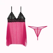 Dantelli Tül Gecelik ve Tanga Takım Türk Malı thumbnail 1