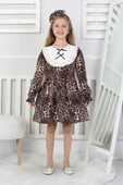 Kız Çocuk Leopar Desenli Uzun Kollu Dantelli Bebe Yakalı Elbise thumbnail 1