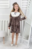 Kız Çocuk Leopar Desenli Uzun Kollu Dantelli Bebe Yakalı Elbise thumbnail 4