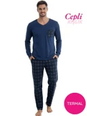 Erkek V Yaka Düğmesiz Göğüs Cepli Yumuşak Termal Bilek Manşetli Kışlık Uzun Kol Cepli Pijama Takımı thumbnail 5