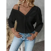 Lucky Life Kadın Tek Omuzdan Açık Askılı Uzun Kollu Yakalı önden Düğmeli Gömlek thumbnail 1