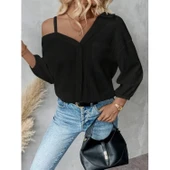 Lucky Life Kadın Tek Omuzdan Açık Askılı Uzun Kollu Yakalı önden Düğmeli Gömlek thumbnail 2